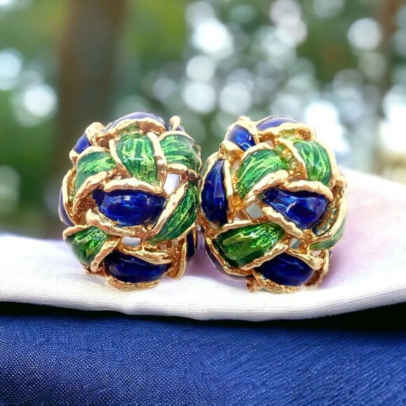 Vintage Tiffany & Co Green Blue Enamel 18k Yellow Gold Basket Weave Earrings - Picture 2 of 12